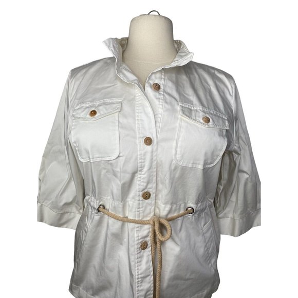 susan graver 1x Button Down Blouse Ivory Cinch Waist 3/4 Sleeves - Picture 2 of 7